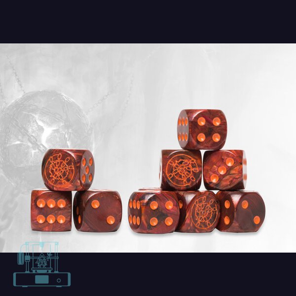 Dweghom Logo on Red Marbled Dice - 24 per pack